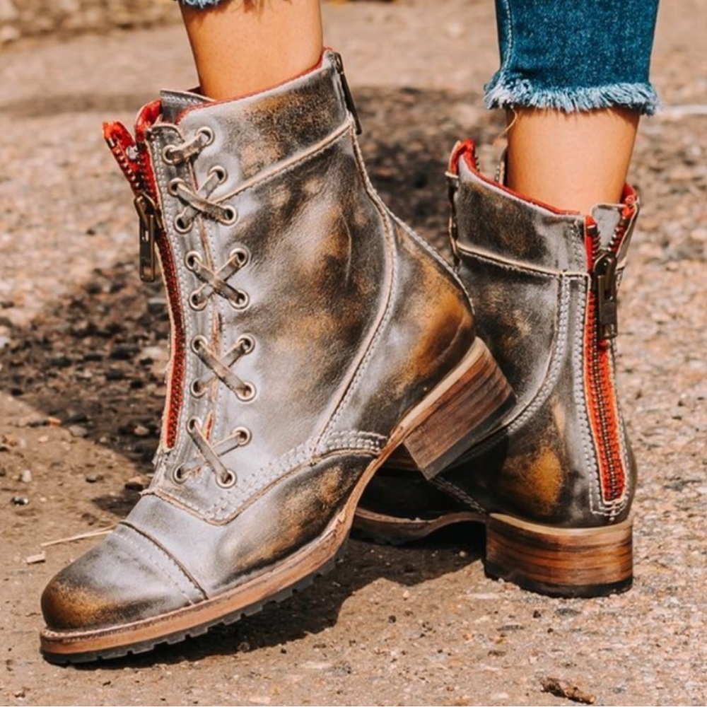 Freebird by Steven Metallic Silver Combat Boots with Red Zipper Detail